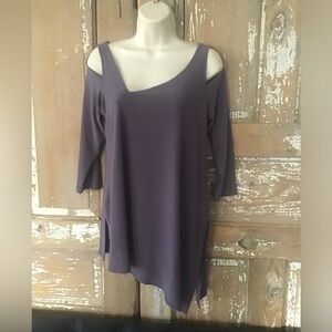 Sympli Top Asymmetrical Cold Shoulder Slant Neckline 3/4 Sleeve Sz 6 Purple